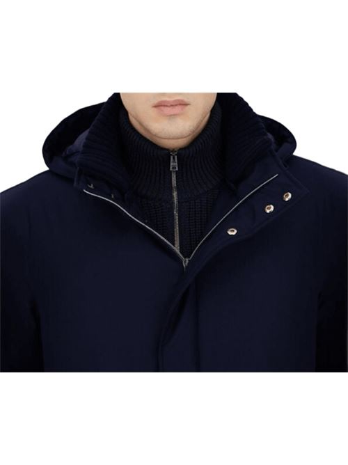 Giaccone da uomo con cappuccio in tessuto tecnico imbottito in piuma, colore blu navy HERNO | PI001155U126389200
